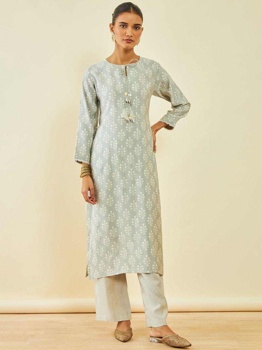 soch floral printed tie-up neck straight kurta with trousers