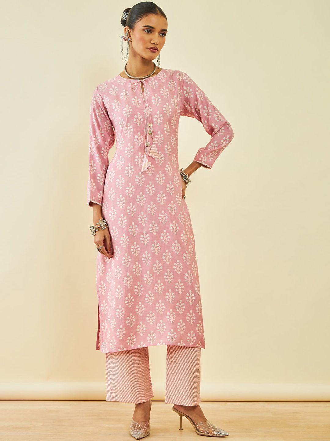soch floral printed tie-up neck straight kurta with trousers