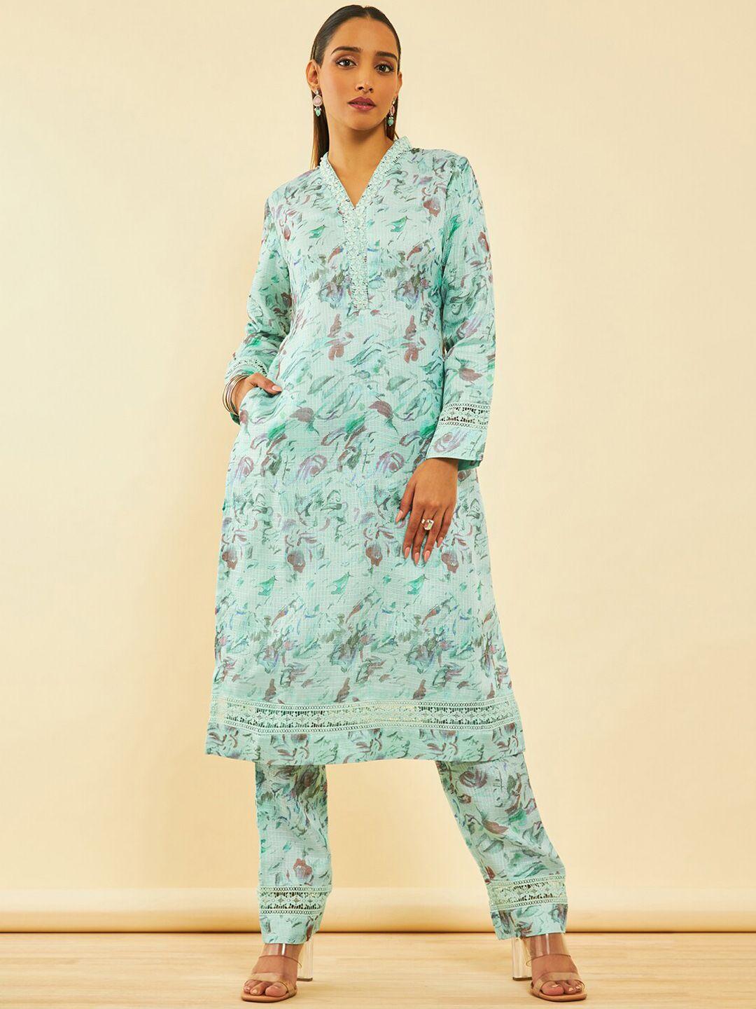 soch floral printed v-neck beads and stones straight kurta with trousers