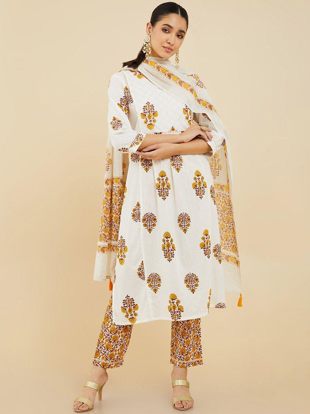 soch floral printed v-neck pure cotton kurta with trousers & dupatta