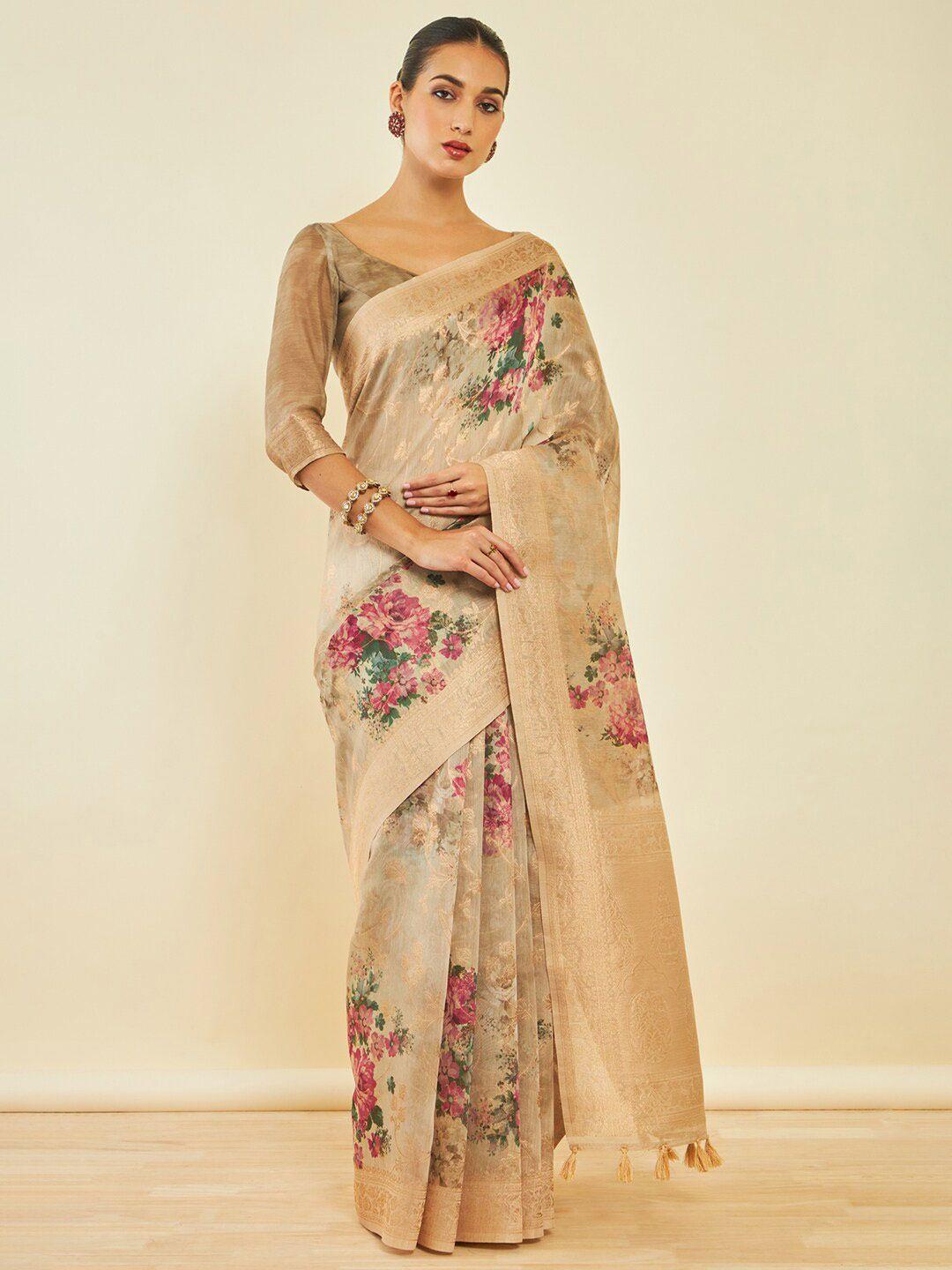 soch floral printed zari tussar saree