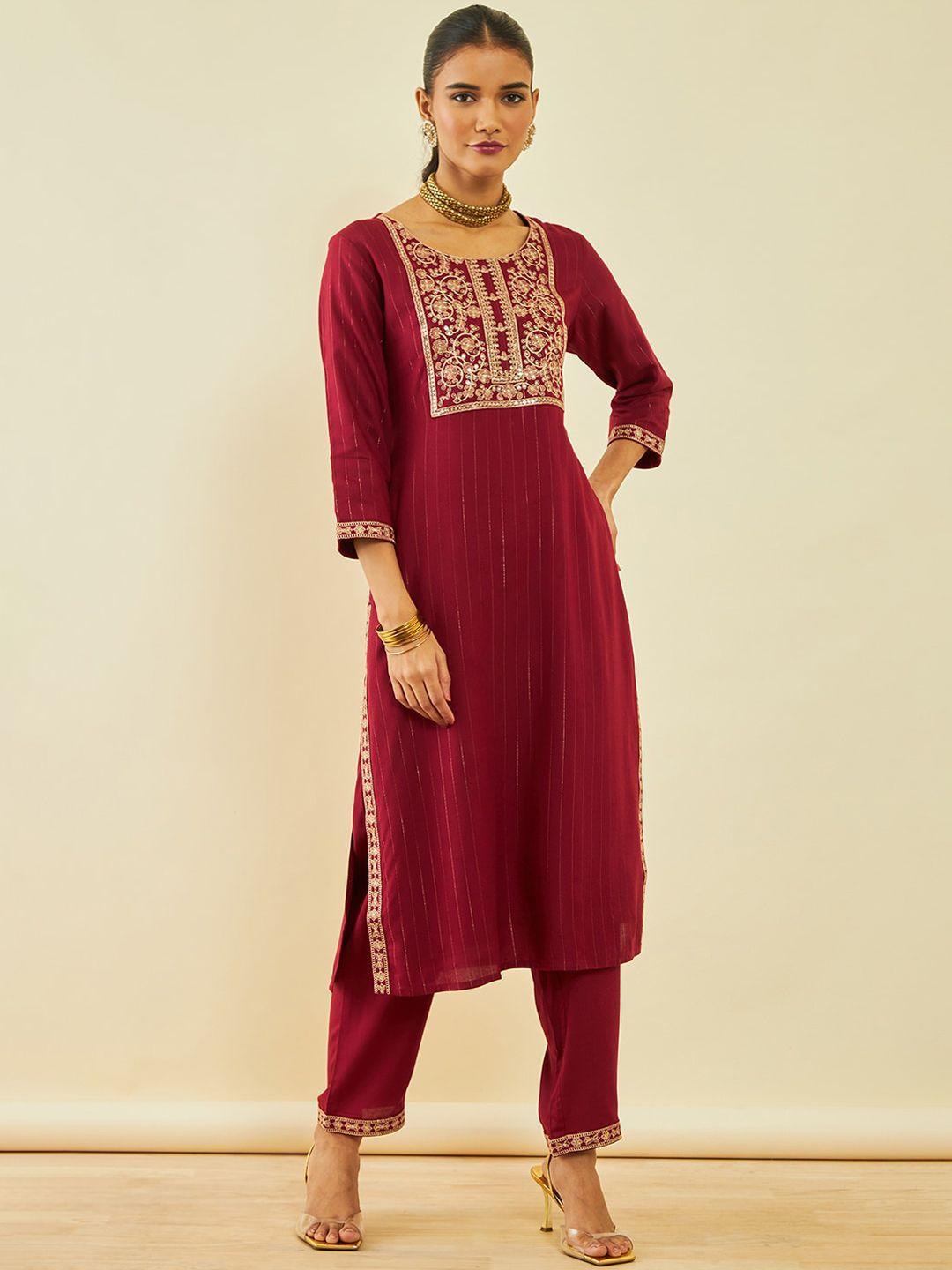 soch floral yoke design sequinned straight kurta with trousers