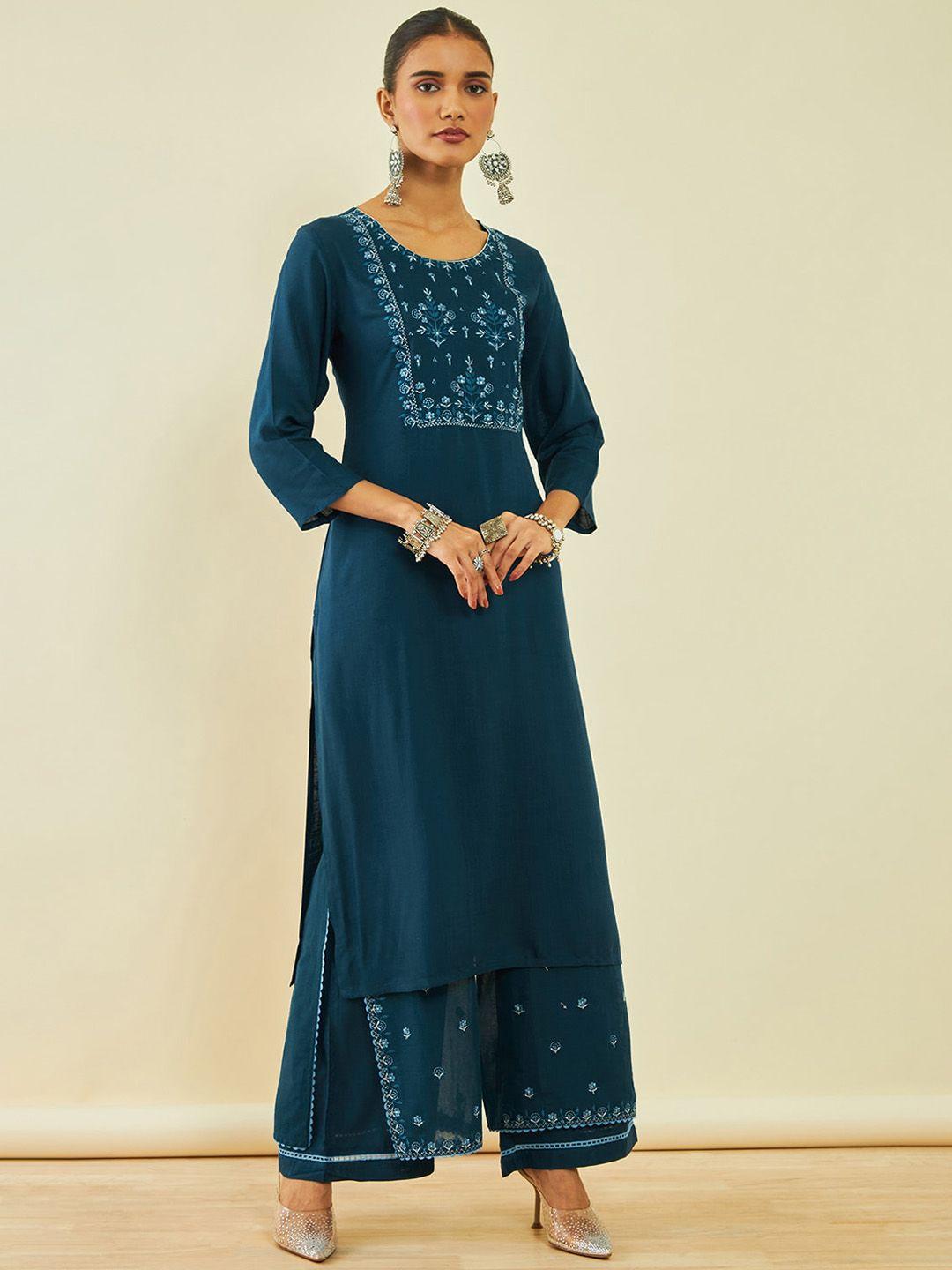 soch floral yoke design straight kurta with palazzos