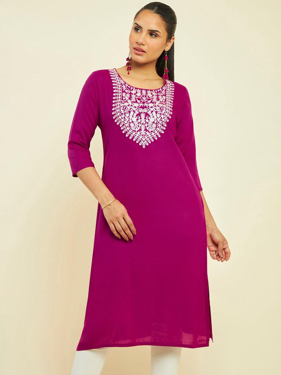 soch floral yoke design thread work straight kurta