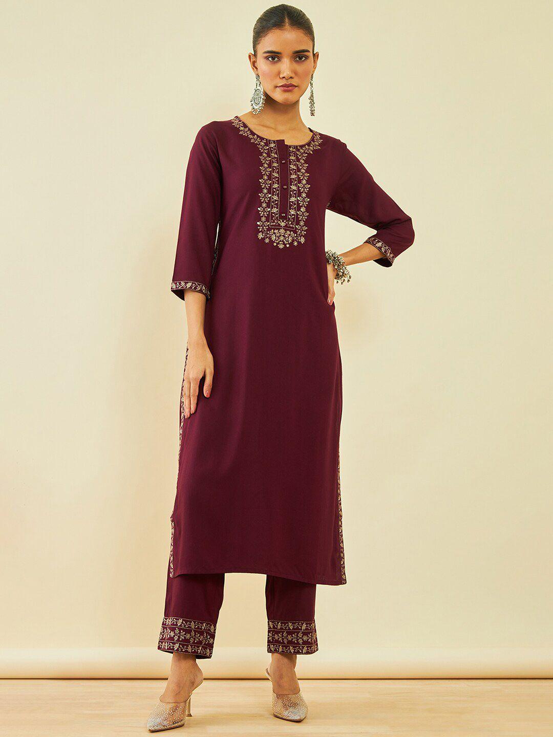 soch floral yoke embroidered regular kurta with trousers