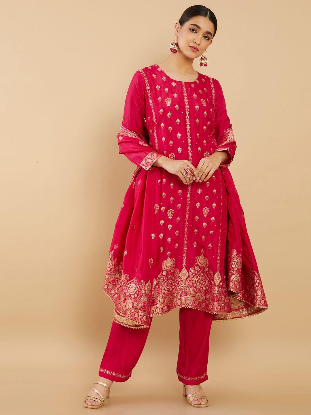 soch fuchsia & gold-toned printed unstitched dress material