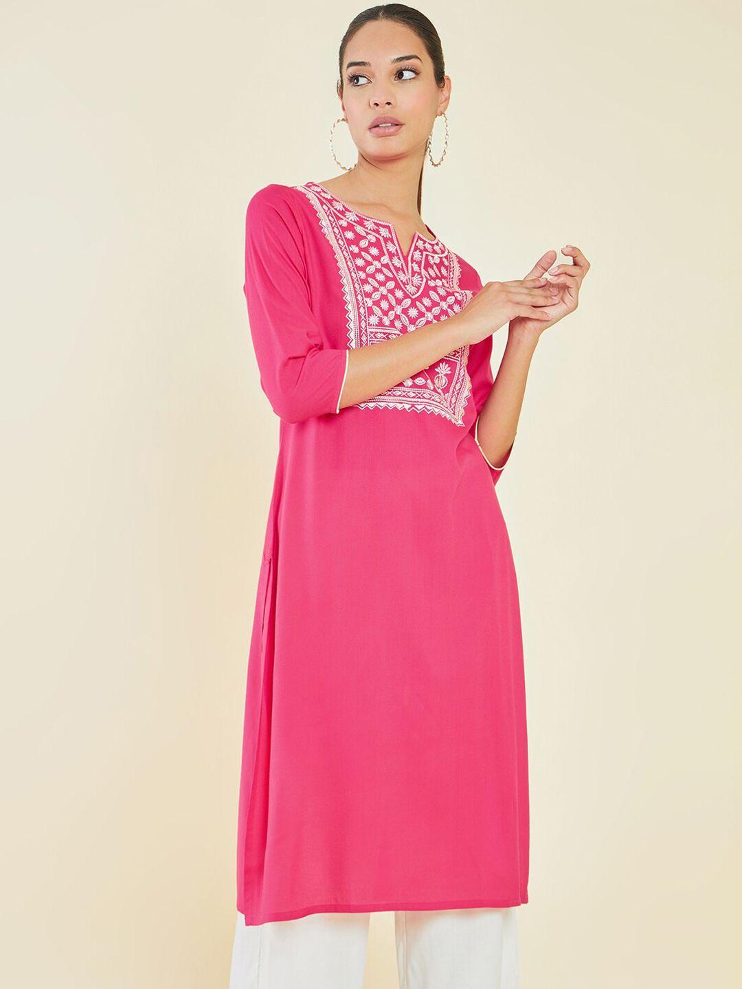 soch fuchsia & white notched neck ethnic motifs embroidered straight kurta