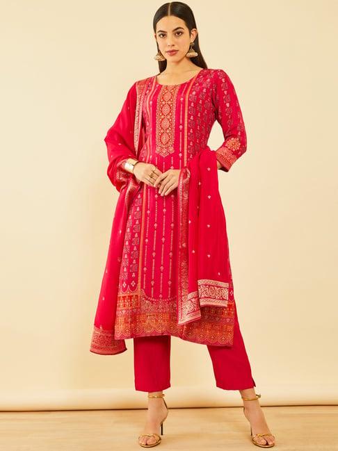 soch fuchsia brocade suit set with zardozi