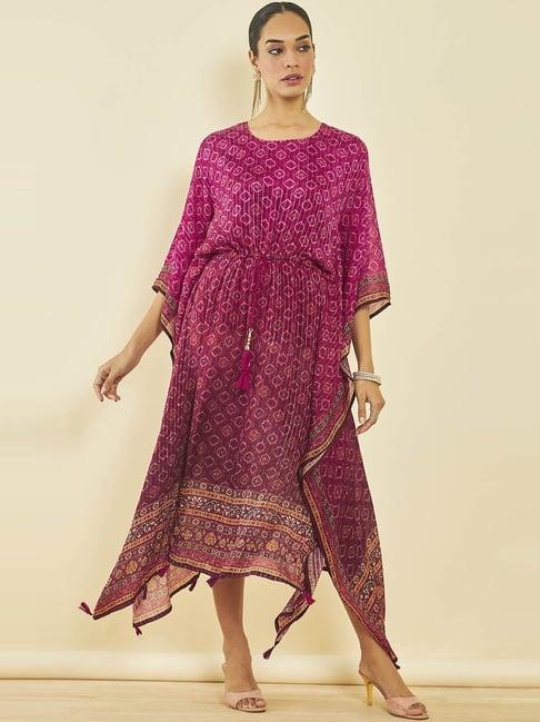 soch fuchsia chinon printed round-neck kaftan with inner slip