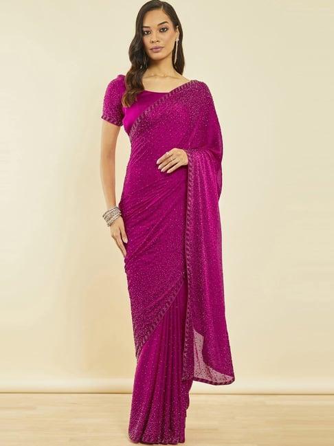soch fuchsia crepe all-over stone embellished saree