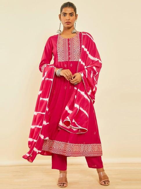 soch fuchsia embroidered kurta pant set with dupatta