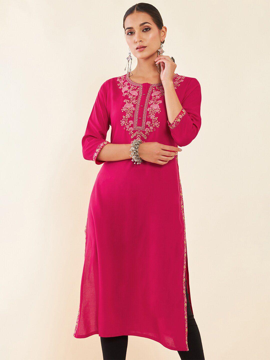 soch fuchsia floral embroidered kurta