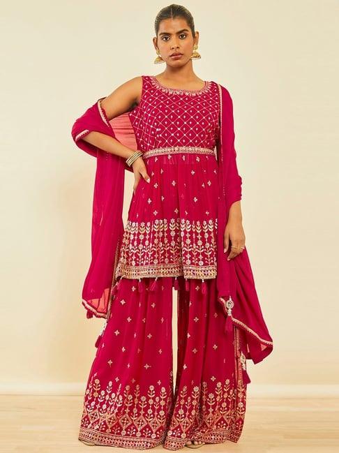 soch fuchsia georgette floral embroidered suit set with flared palazzo