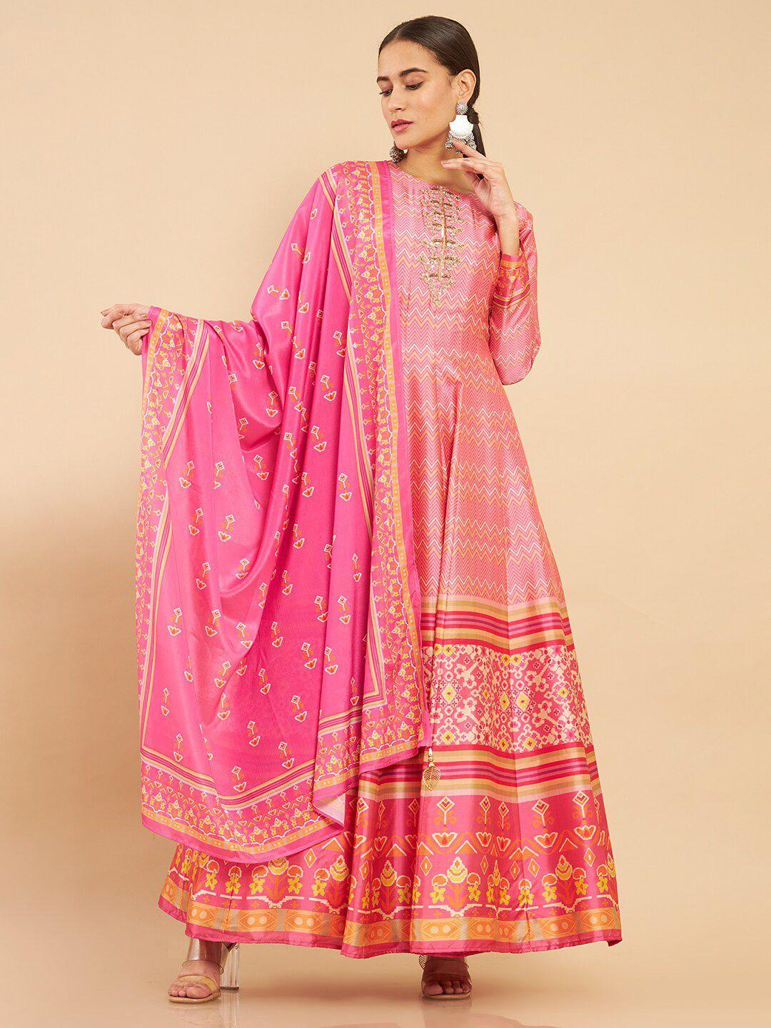 soch fuchsia printed ethnic motifs silk anarkali kurta with dupatta