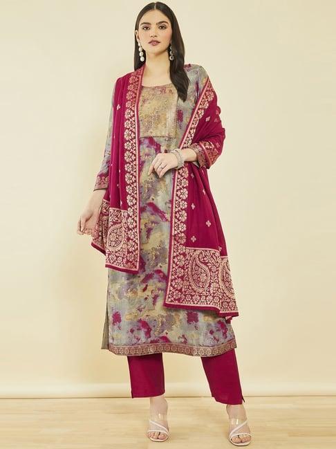 soch fuchsia printed kurta pant set with dupatta