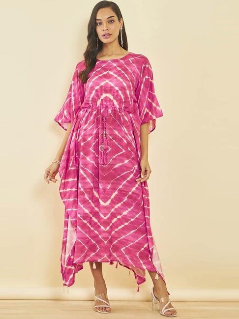 soch fuchsia silk blend shibori print kaftan with tassels