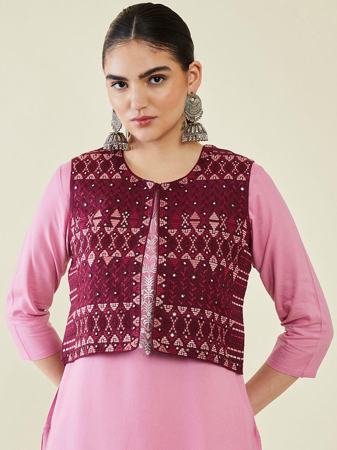 soch geometric embroidered crop open front jacket