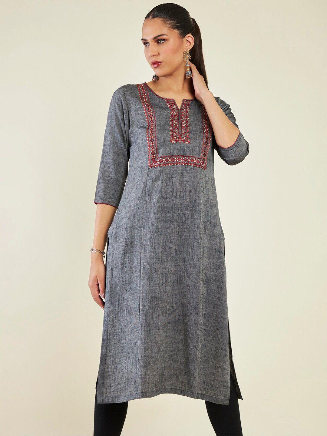 soch geometric embroidered notched neck straight kurta