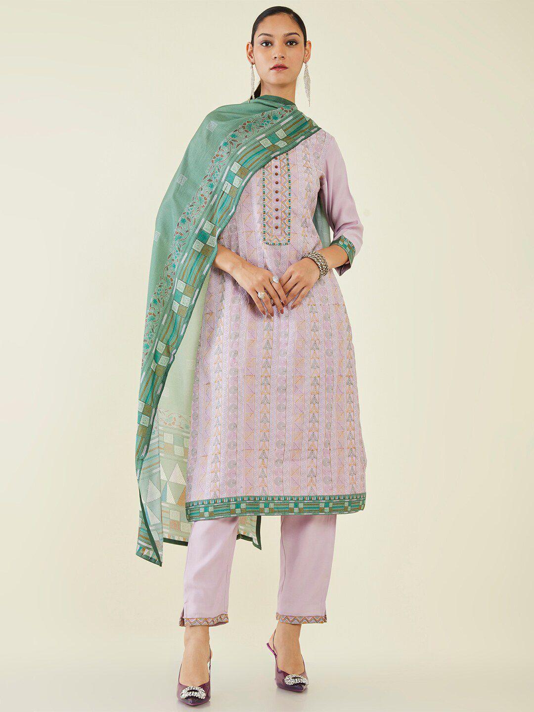 soch geometric embroidered thread work kurta with trousers & dupatta