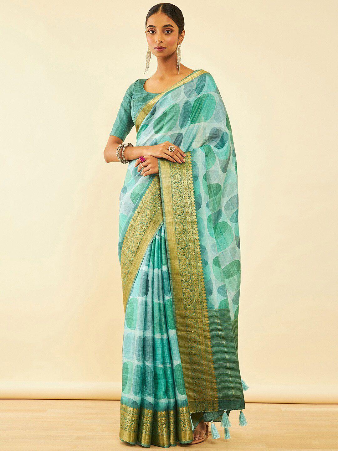 soch geometric print saree with tassels with tassels