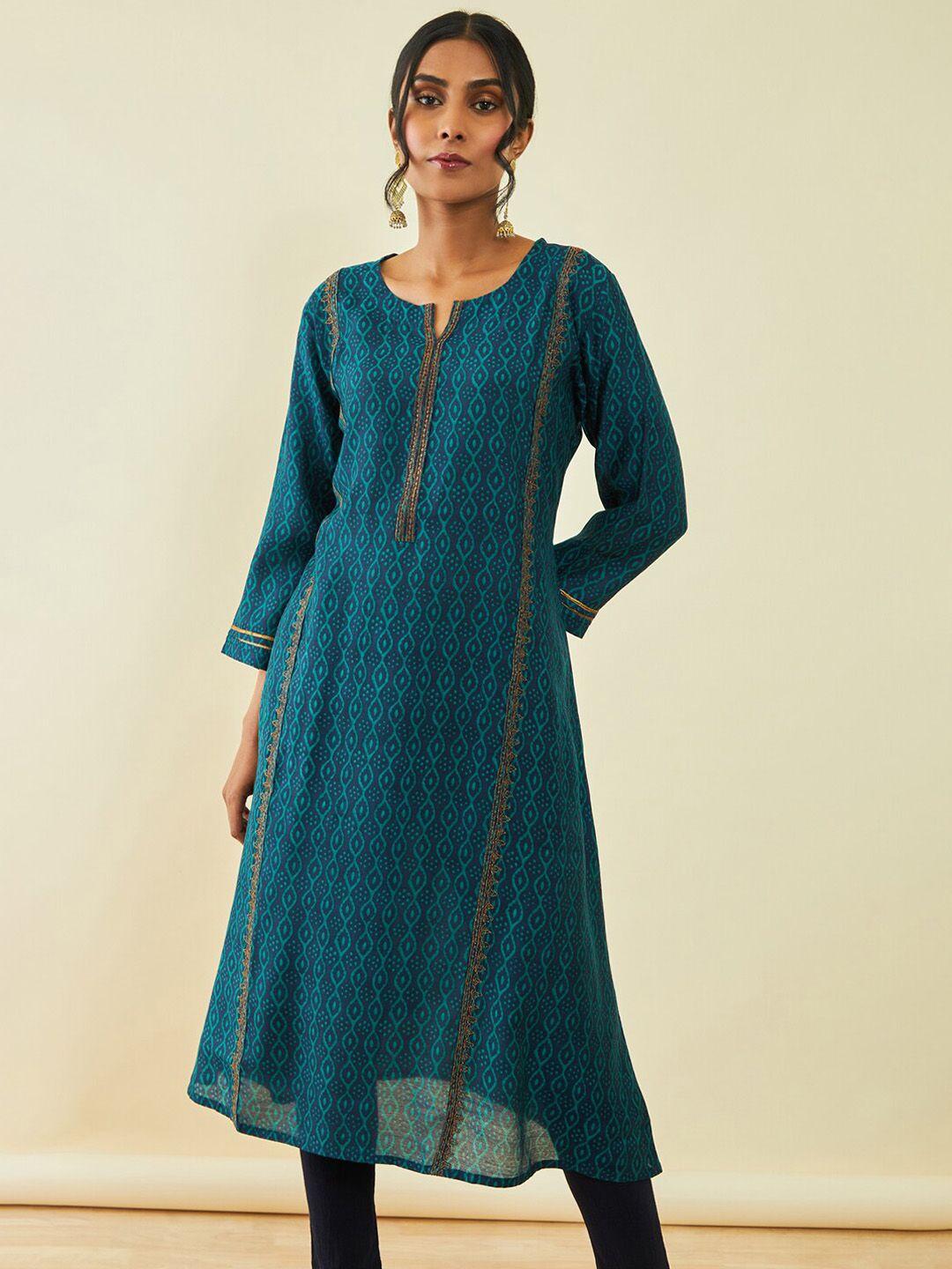 soch geometric printed notched round neck a-line kurta