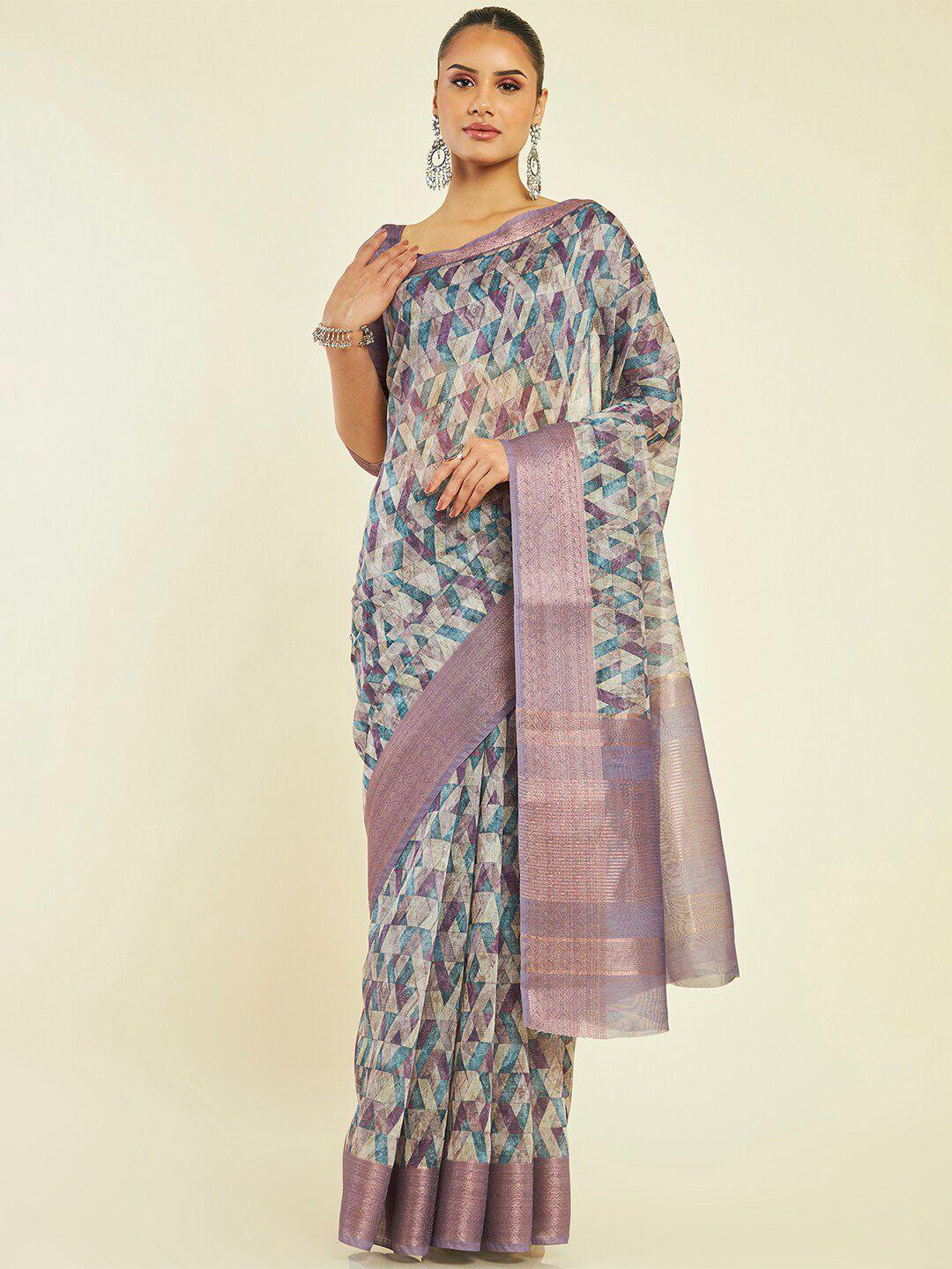 soch geometric printed zari tussar saree