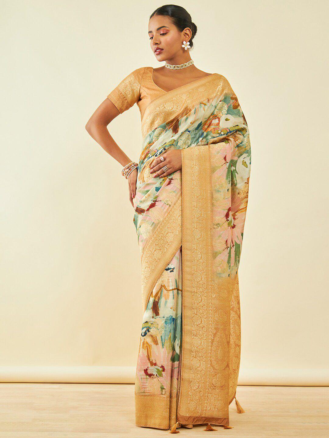 soch gold-toned & green floral zari silk blend tussar saree