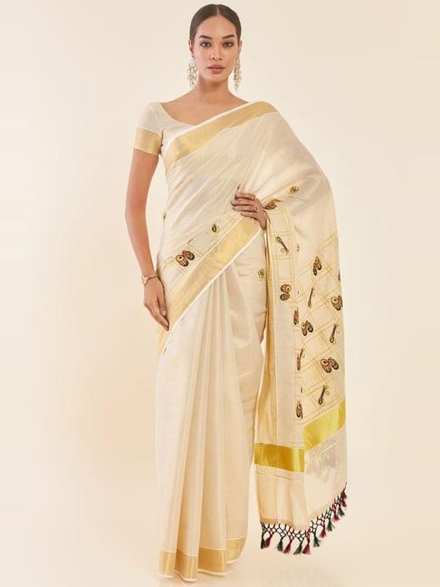 soch golden cotton woven saree with unstitched blouse