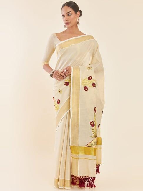 soch golden cotton woven saree with unstitched blouse