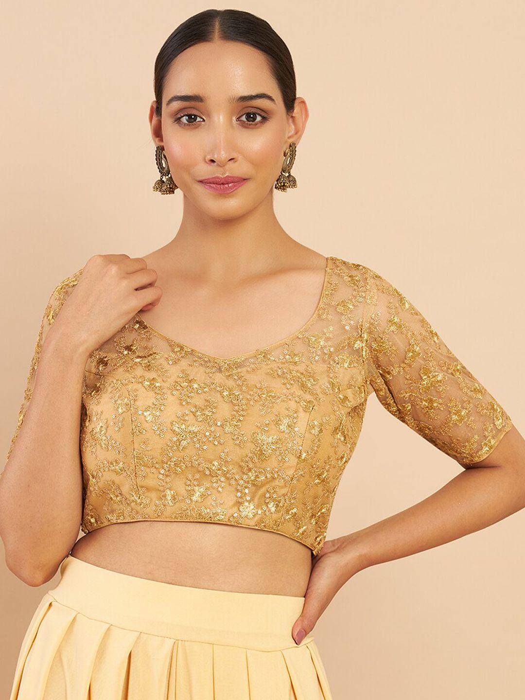 soch golden floral embroidery and sequins net saree blouse