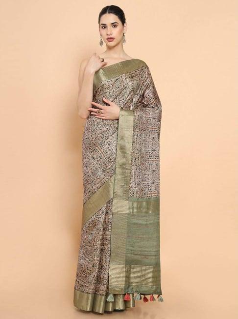 soch green & beige cotton printed saree with unstitched blouse