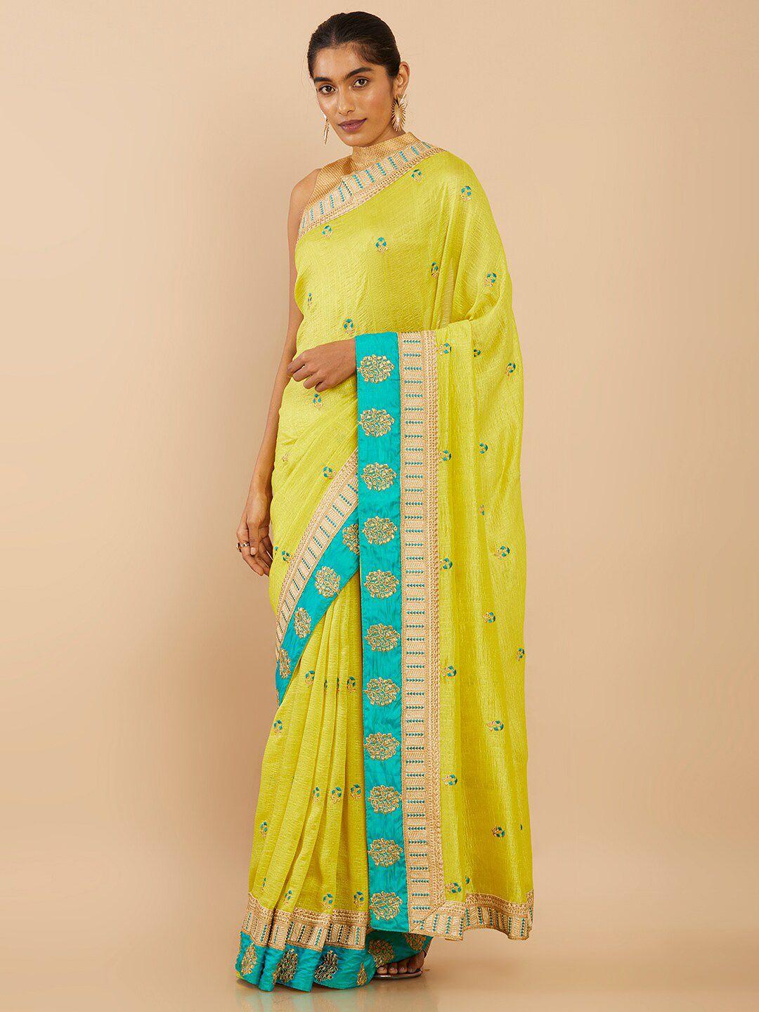 soch green & blue floral embroidered art silk saree