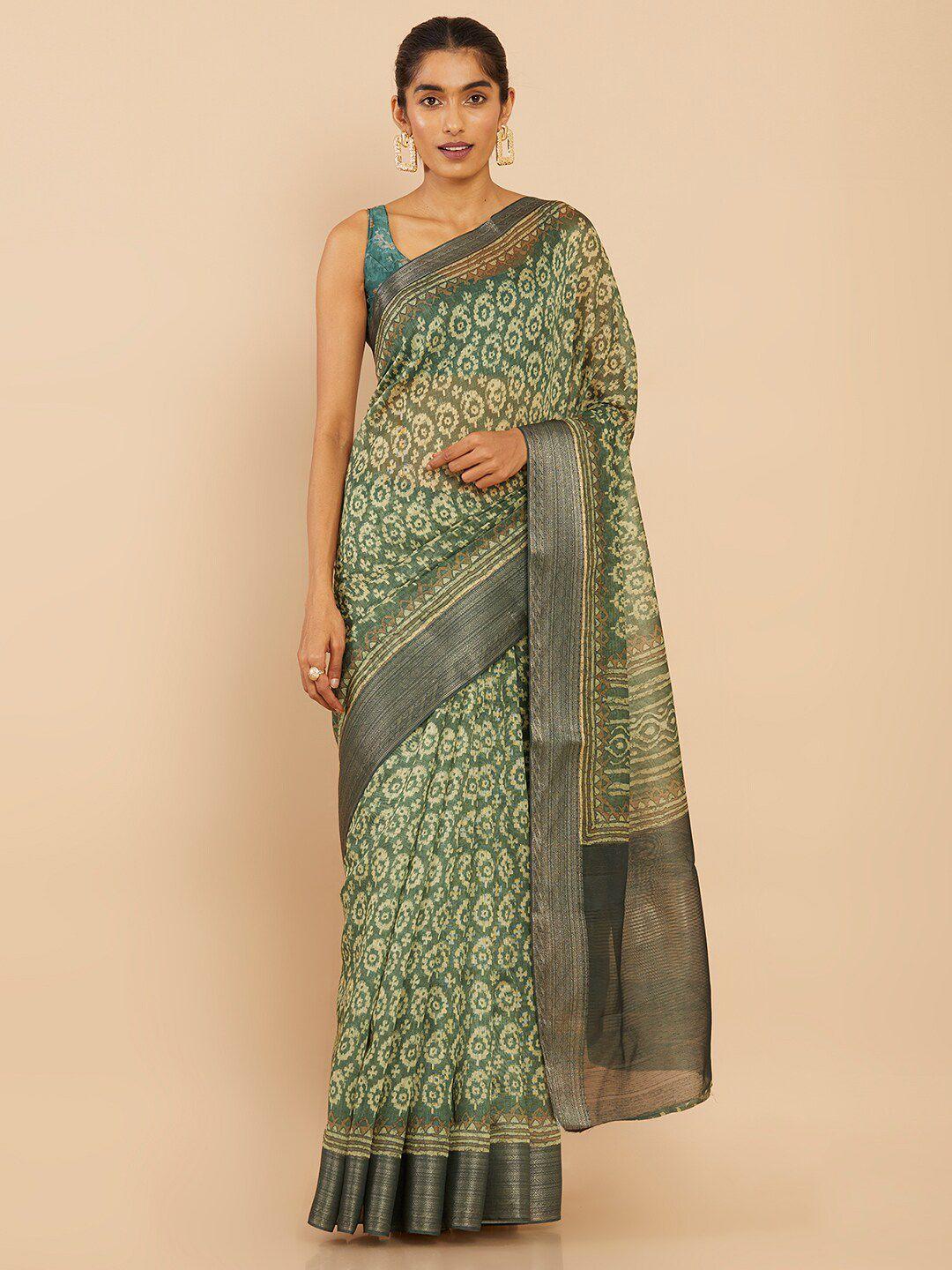 soch green & cream-coloured zari art silk saree