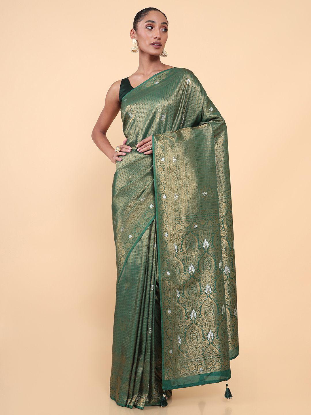 soch green & gold-toned ethnic motifs zari silk blend tussar saree