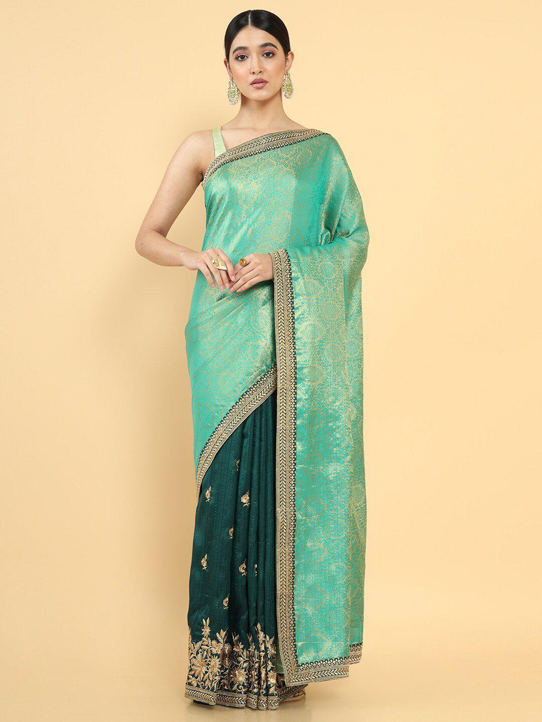 soch green & gold-toned floral zari silk blend tussar saree