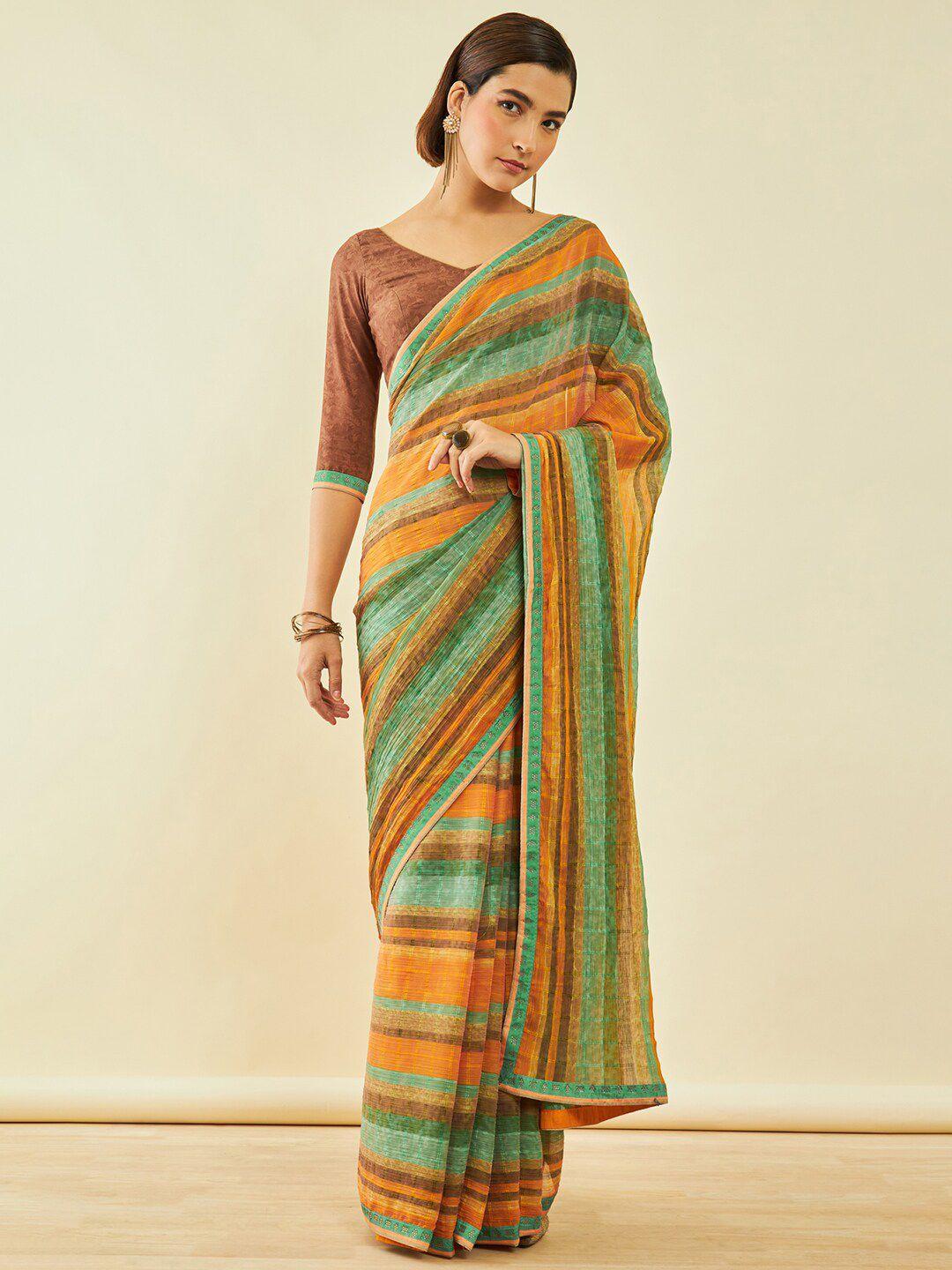 soch green & orange striped beads and stones poly chiffon saree