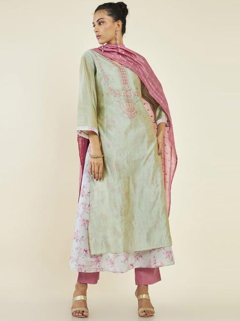 soch green & pink embroidered kurta pant set with dupatta