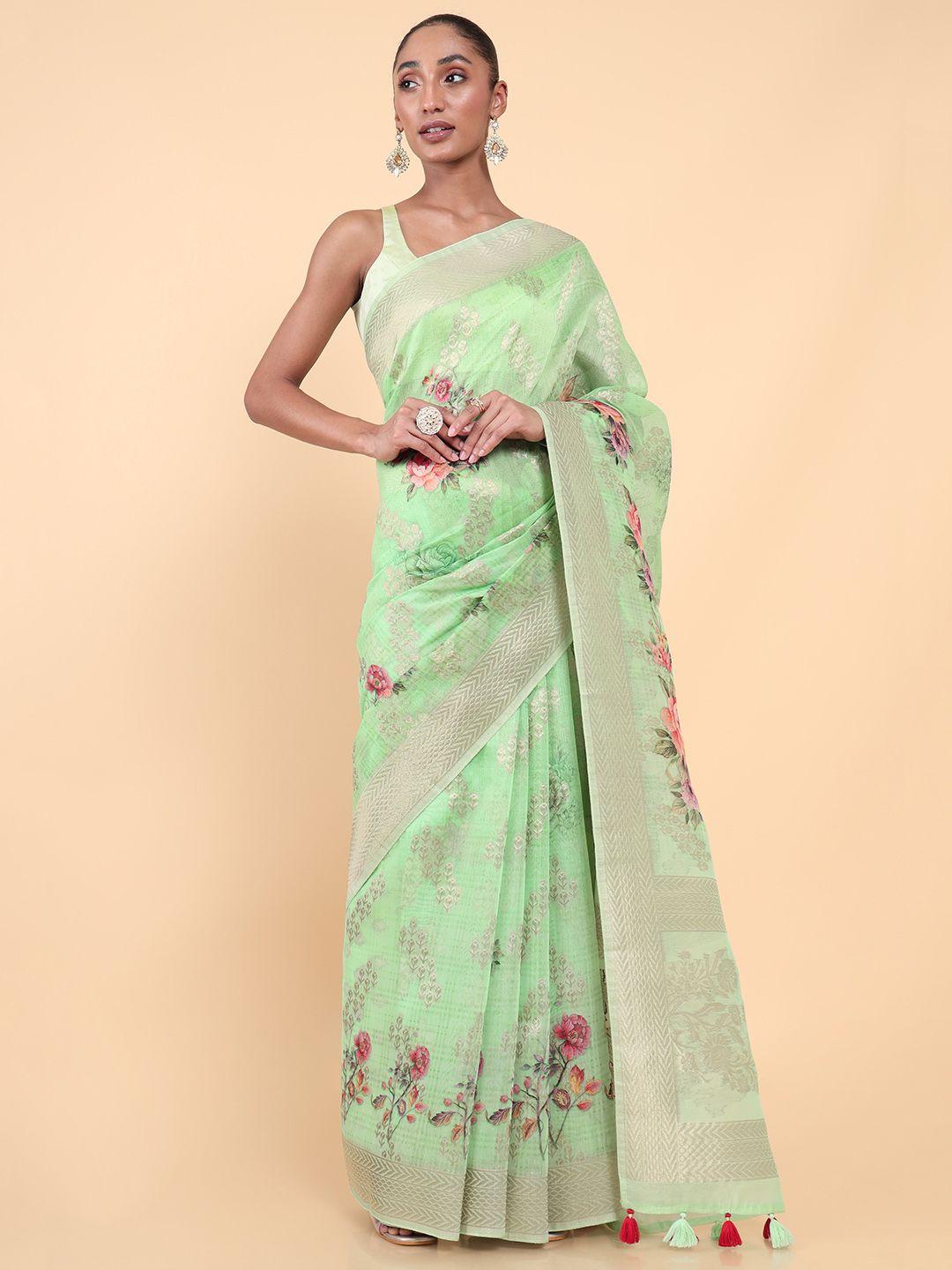 soch green & pink floral zari chanderi saree