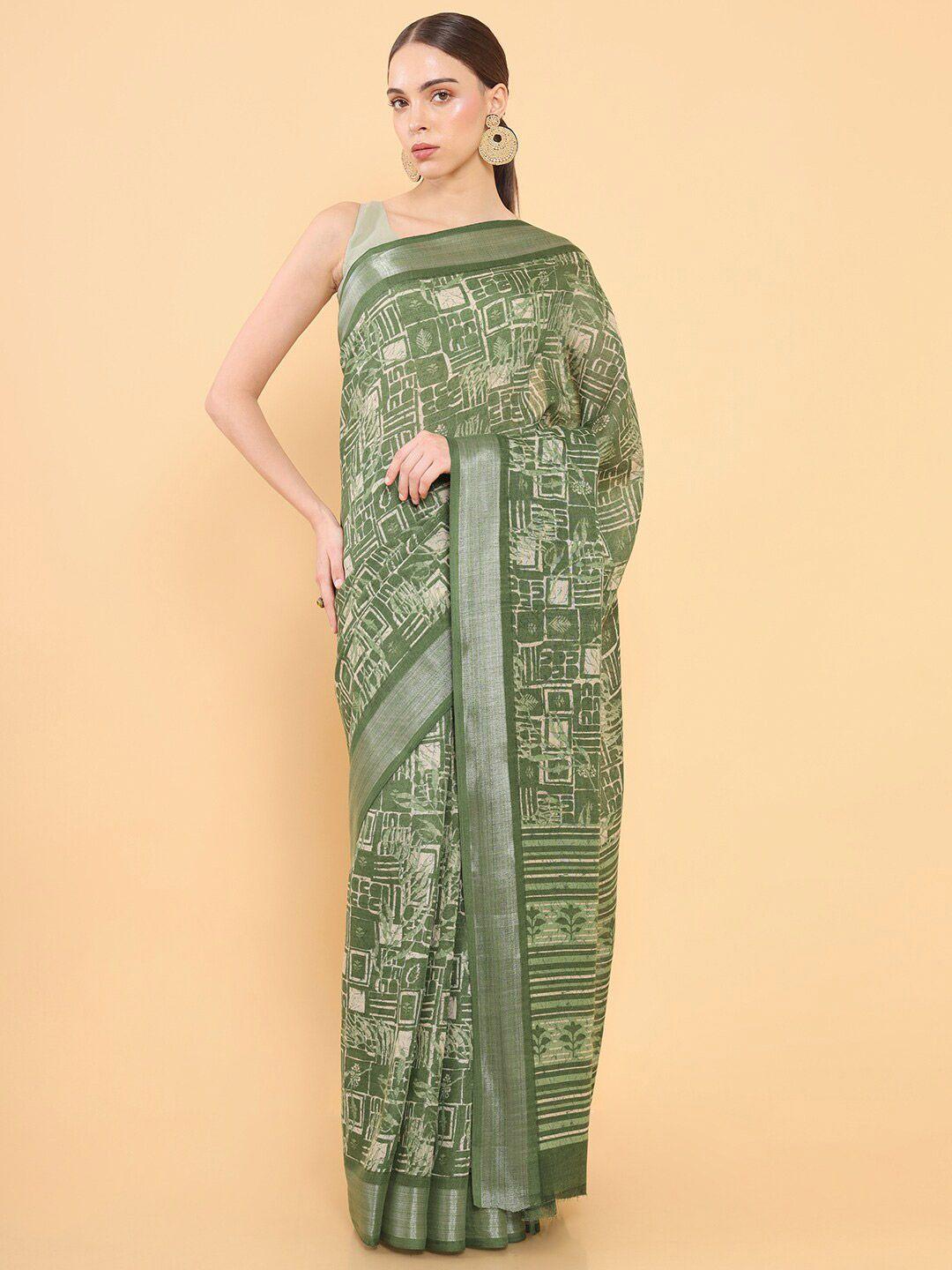 soch green & silver-toned batik silk blend saree