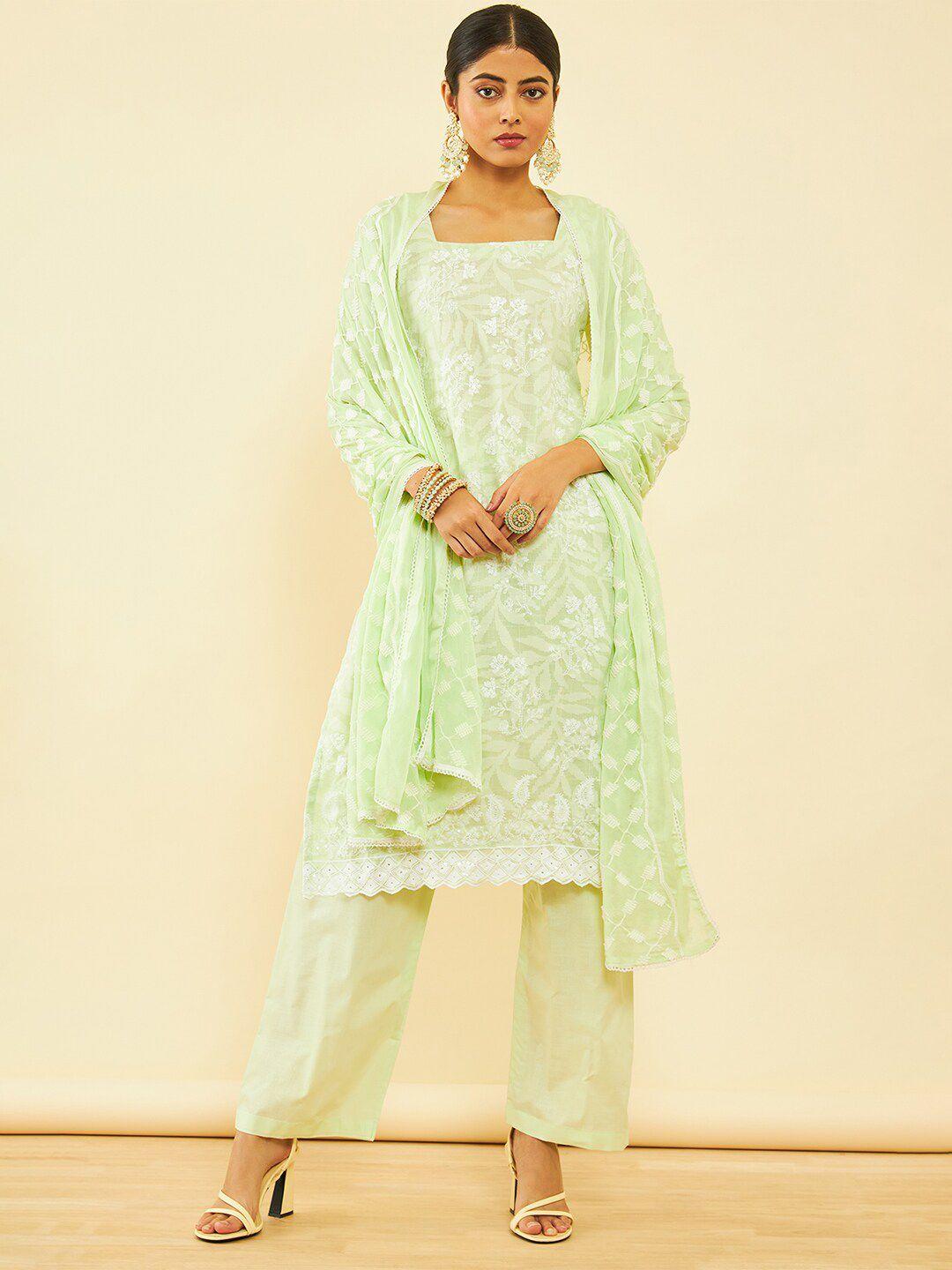 soch green & white embroidered pure cotton unstitched dress material