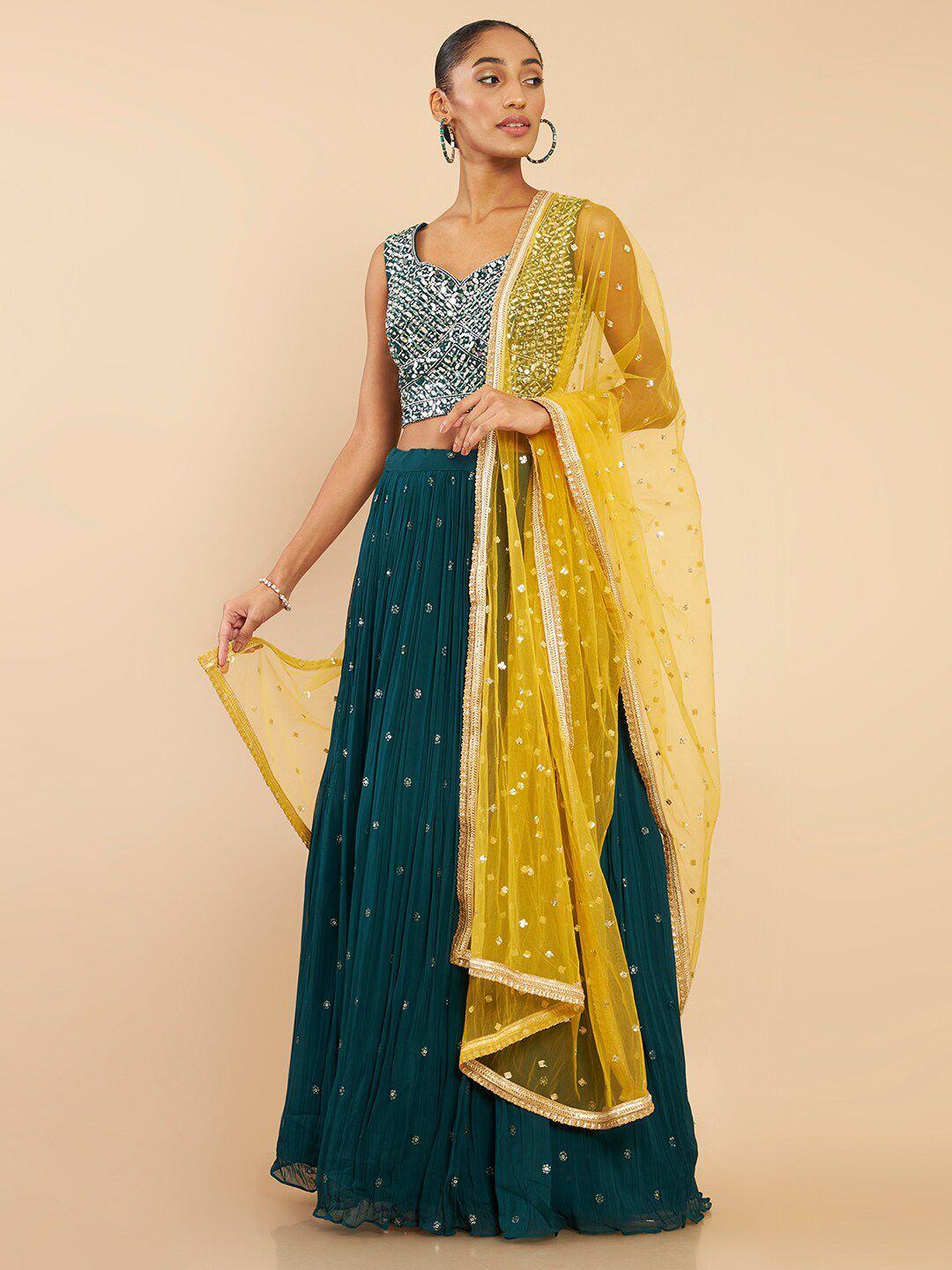 soch green & yellow embellished mirror work ready to wear lehenga & blouse with dupatta