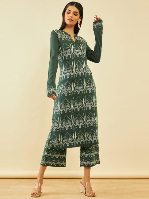 soch green acrylic abstract pattern knitted full sleeves winter kurta set