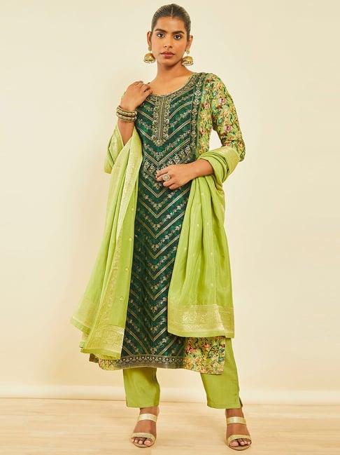 soch green brocade bird print and zari woven suit set with dupatta