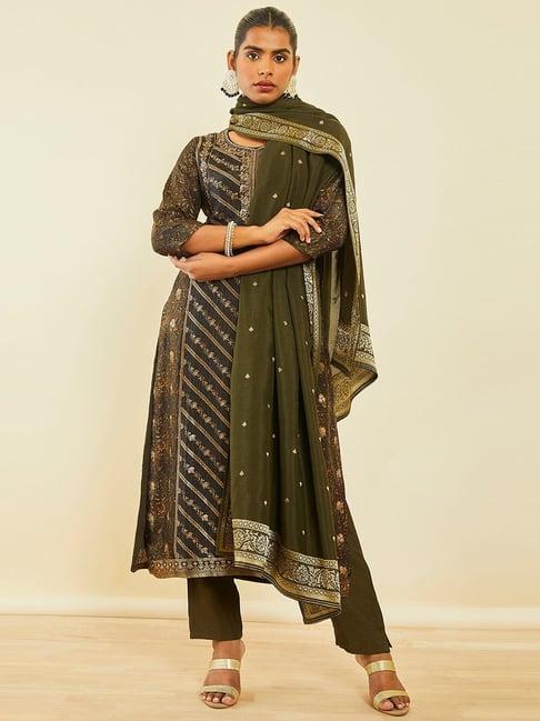 soch green brocade floral print and zari woven suit set with dupatta