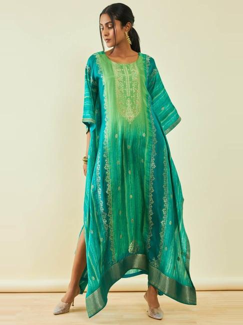 soch green brocade floral woven ankle-length kaftan with inner slip