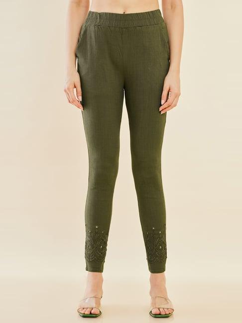 soch green cotton embroidered pants