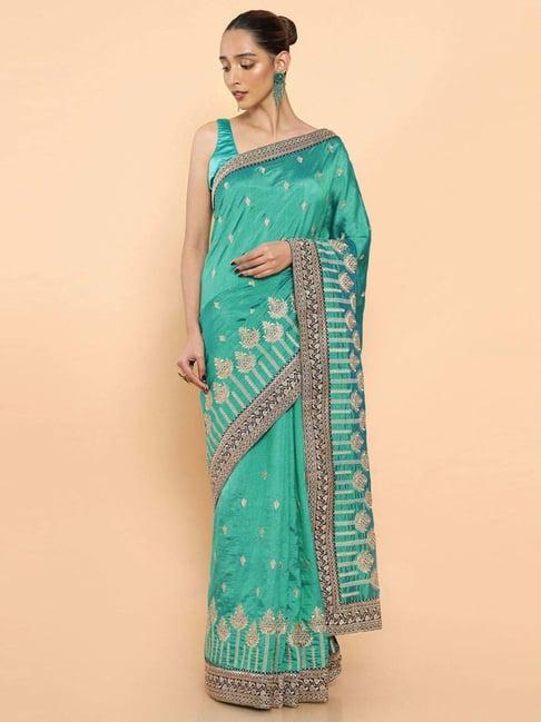 soch green cotton embroidered saree with unstitched blouse