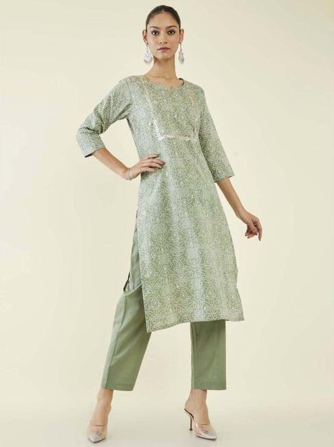 soch green cotton printed kurta pant set