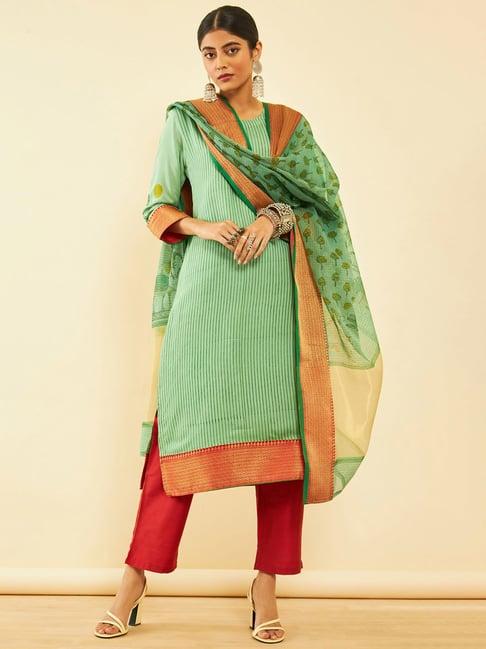 soch green cotton striped kurta pant set with dupatta