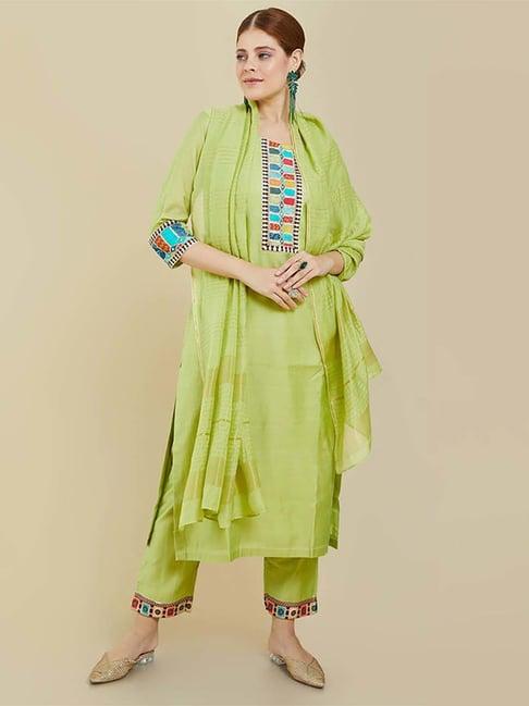 soch green embroidered kurta pant set with dupatta